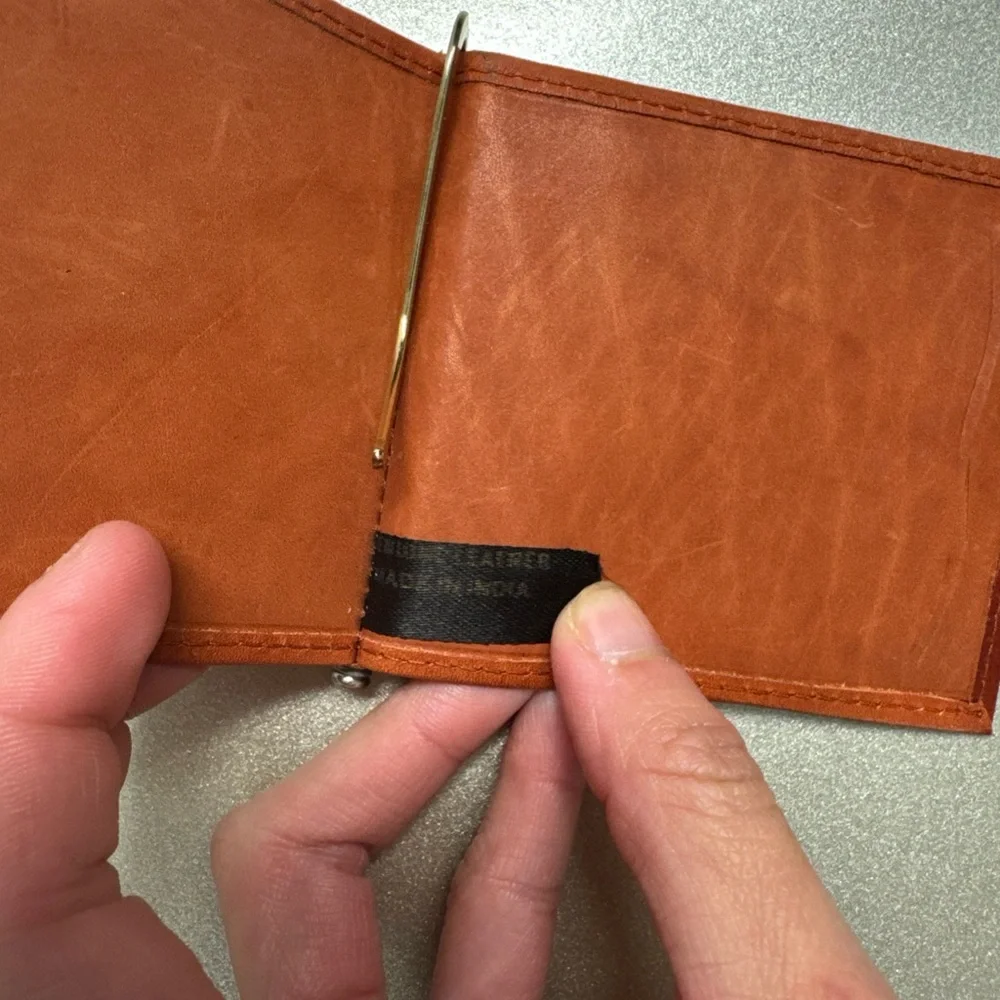 Vintage Brown Genuine Leather Bifold Money Clip Wallet - Brass Spring Clip